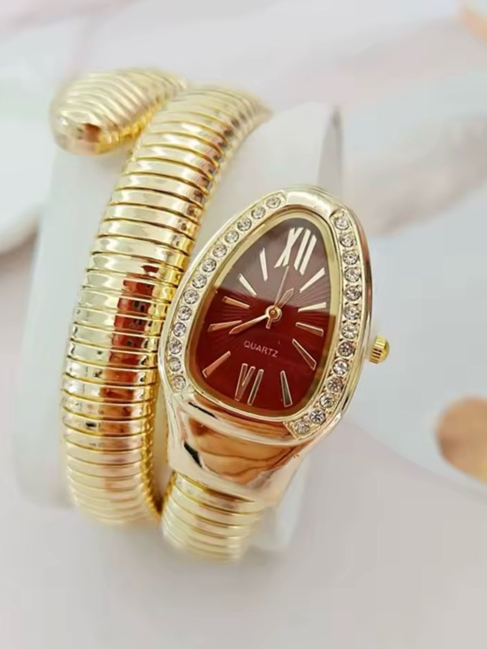 Gold-Tone Red Dial Crystal Accent Snake Wrap Bracelet Watch